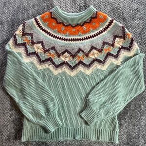 J. Crew Fair Isle Sweater Teal Orange wool/alpaca blend Medium Women